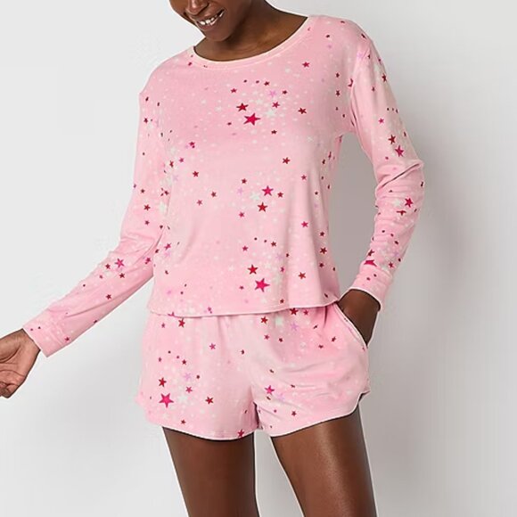 Sleep Chic Other - Pajamas Velour LG XL 2 Pc Set - Top Shorts Pink Red Stars Pjs Lounge Sleep New